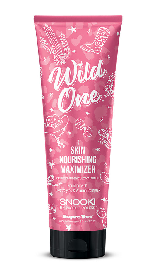 Pink tube of 'Wild One' skin nourishing maximizer with branding on a white background