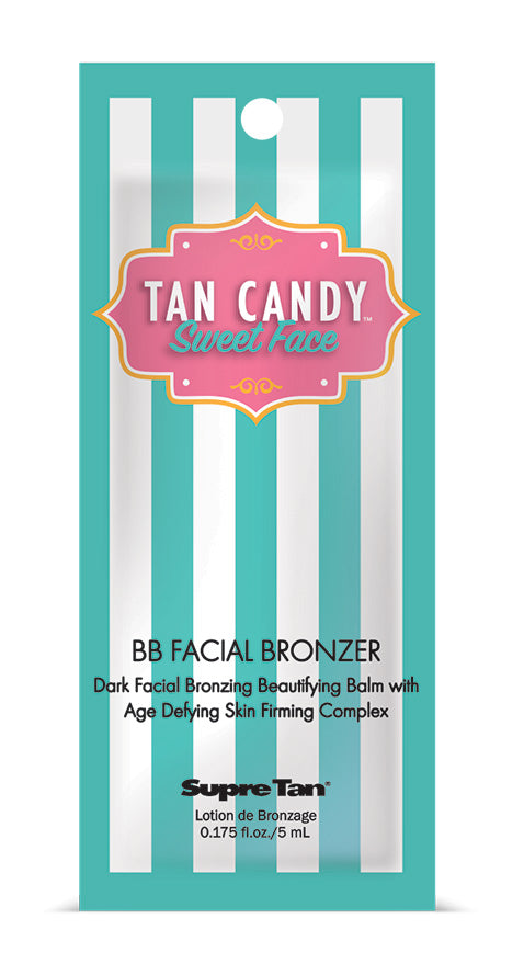 SupreTan Tan Candy Sweet Face BB Facial Bronzer packaging with teal and white striped design.