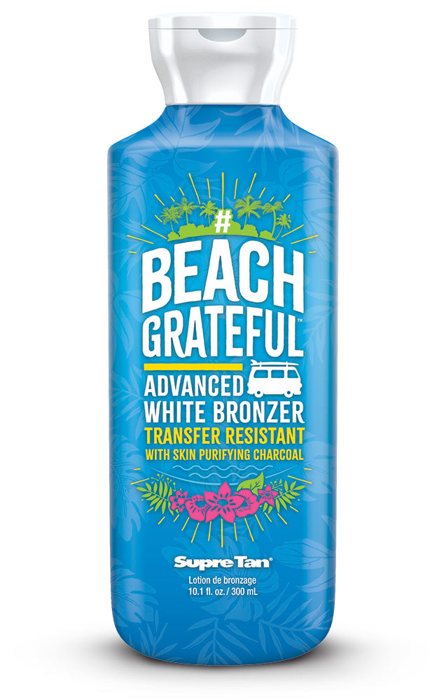 Blue bottle of SupreTan lotion with 'Beach Grateful' text on a white background