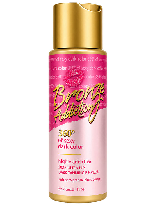 Bronze Addiction tanning product bottle with pink label and gold cap on white background