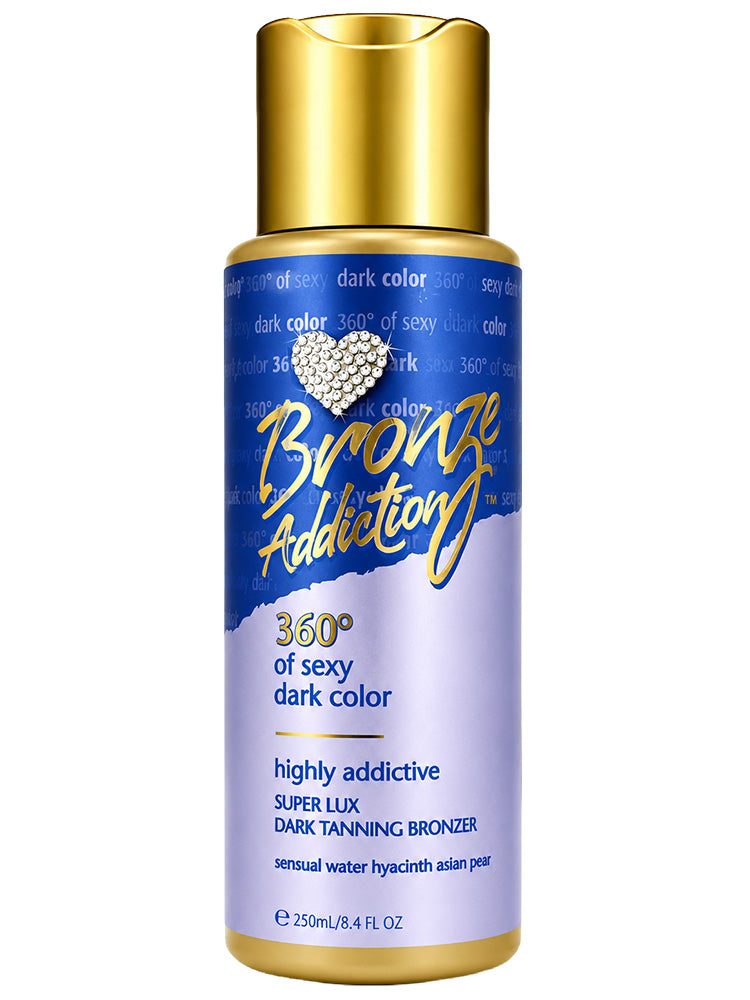 Bronze Addiction tanning bronzer bottle with gold cap on a white background