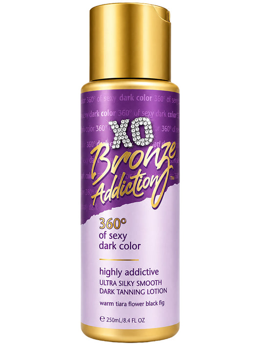 XO Bronze Addiction tanning lotion bottle with gold cap on a white background
