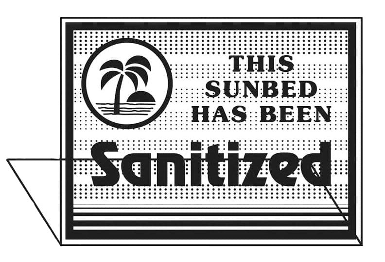 Sign indicating a sunbed has been sanitized with a palm tree logo.