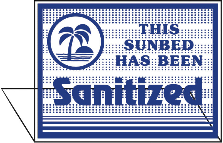 Blue Sign with palm tree indicating that a sunbed has been sanitized