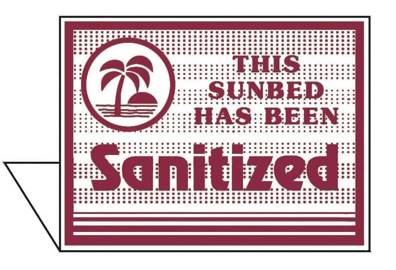 Sanitized sunbed sign with palm tree design on a white background