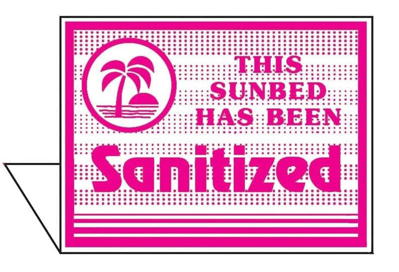 Pink sign with palm tree design and text 'This sunbed has been sanitized' on a white background