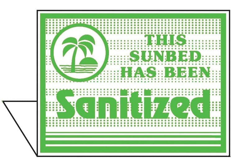 Green sign with text 'This sunbed has been sanitized' and a palm tree design on a white background.