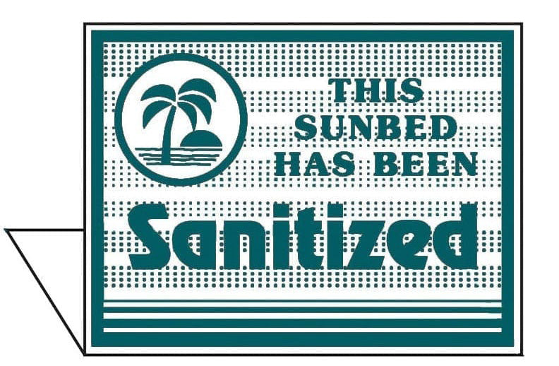 Sign indicating that a sunbed has been sanitized with a palm tree design.