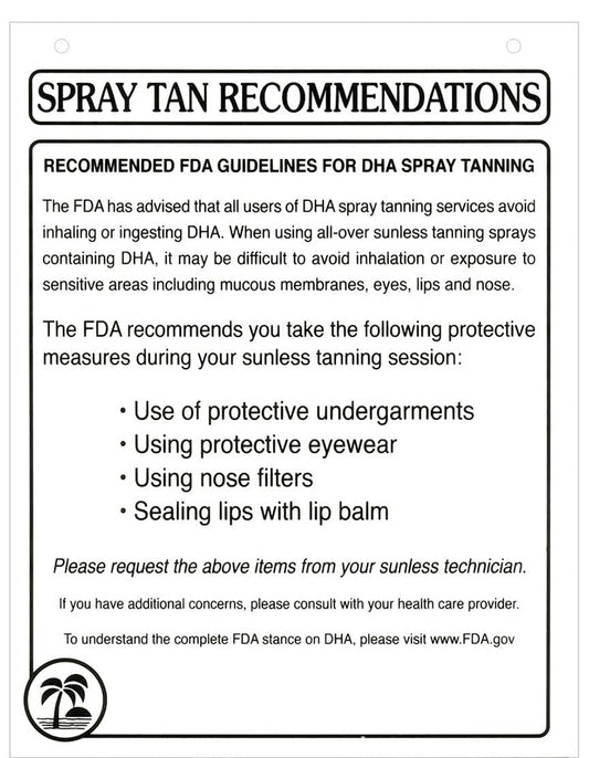 Spray tan recommendations sign with FDA guidelines on a white background