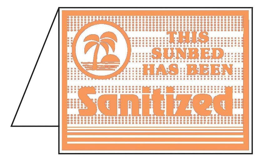 Sign that reads 'This sunbed has been sanitized' with a palm tree design on a white background.