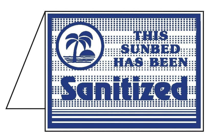 Sign indicating that a sunbed has been sanitized with palm tree design.