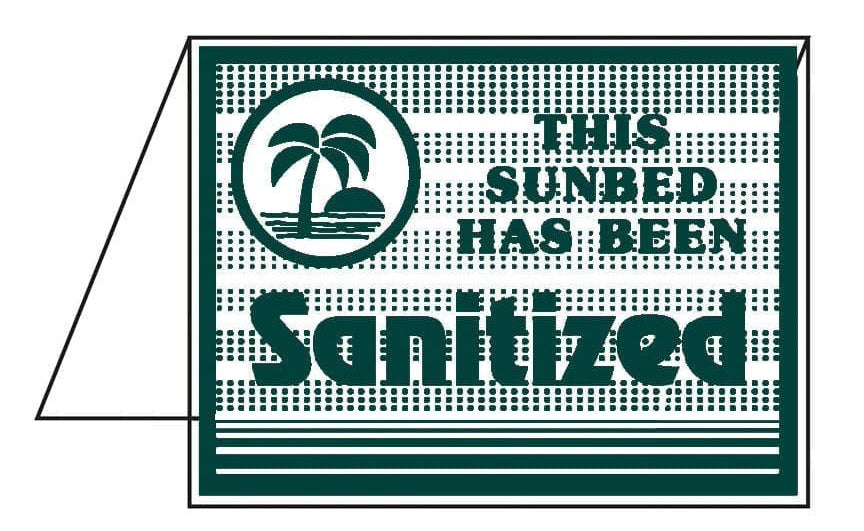 Green sunbed sanitizer sign with palm tree design on a white background
