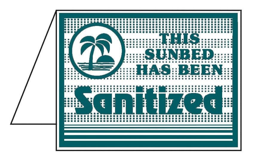 Sign indicating that a sunbed has been sanitized with a palm tree logo on a white background.