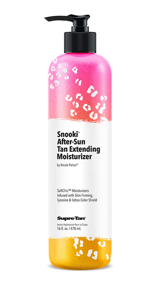 Snookii After-Sun Tan Extending Moisturizer bottle with pink and yellow gradient design on a white background