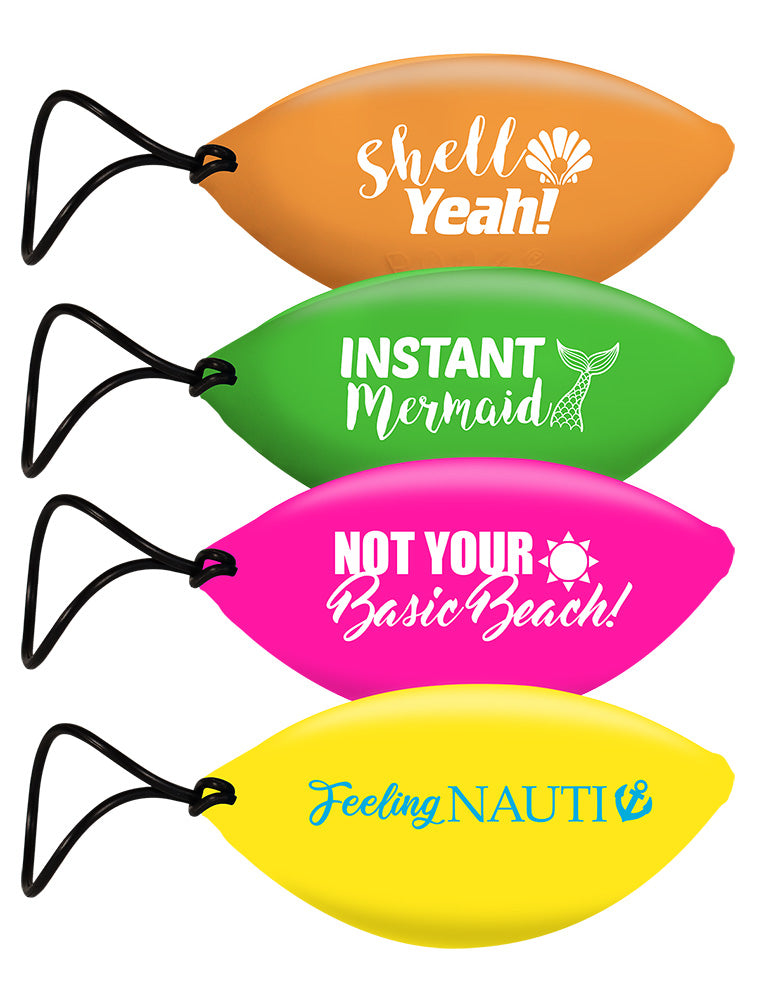 Four colorful eyewear with humorous text designs on the case on a white background