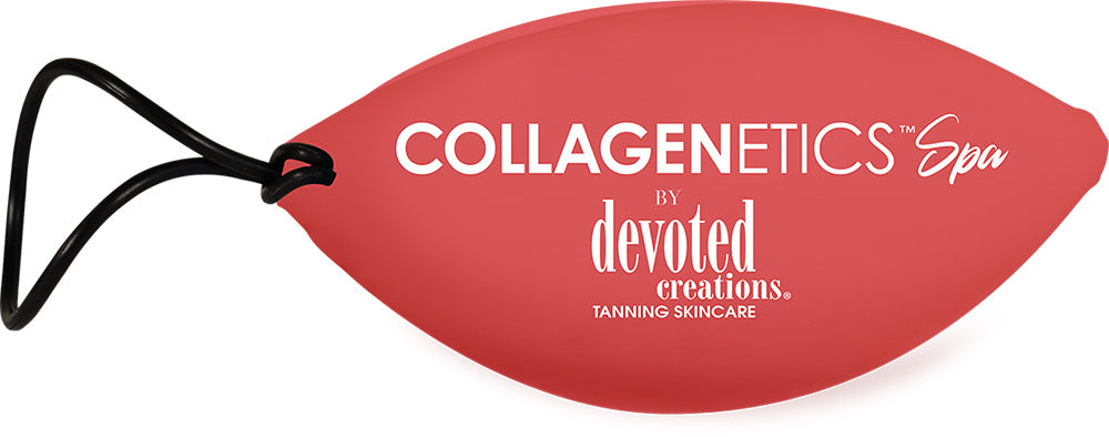 Collagenetics by Devoted Creations tanning product with brand name on soft pod eyewear 