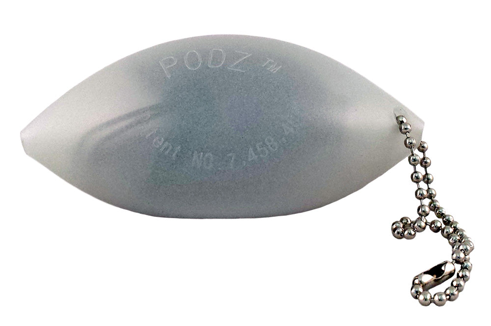 Gray eye-shaped object with a chain on a white background
