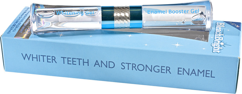 Box of Whitening Gel with Enamel Booster Gel on a light blue background