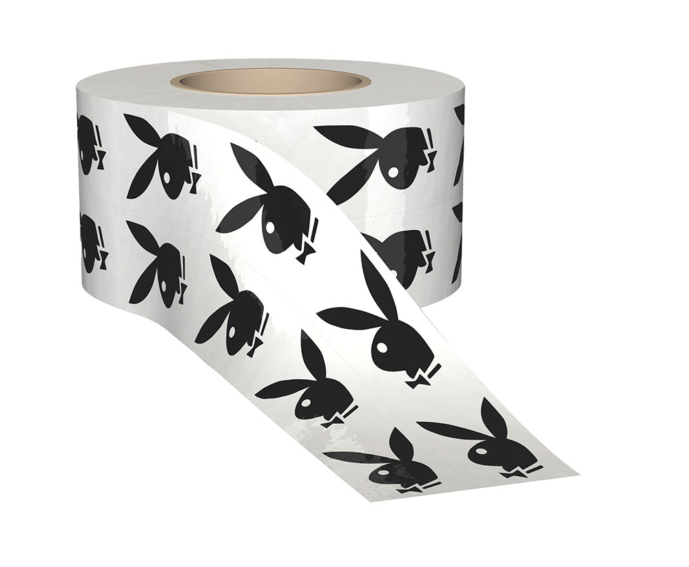 Roll of stickers with black rabbit illustrations on a white background