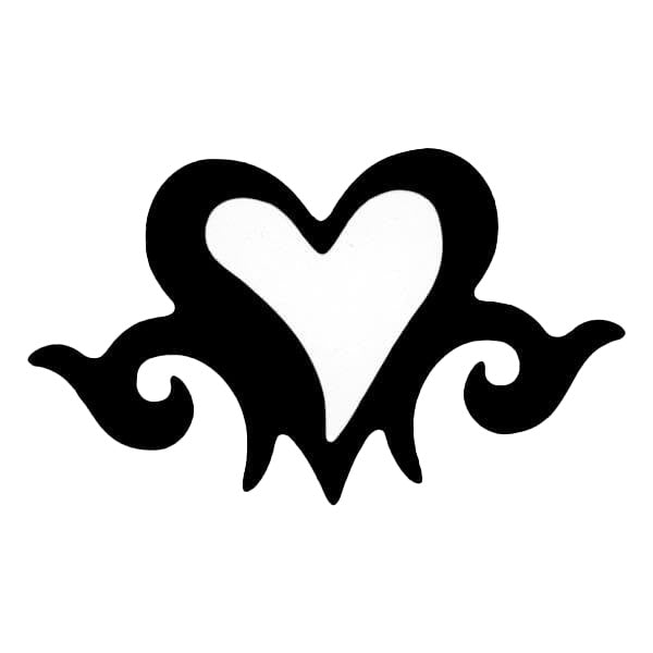 Decorative black heart with swirling designs on a white background