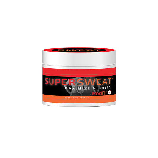 SuperSweat container with red and black label on a white background