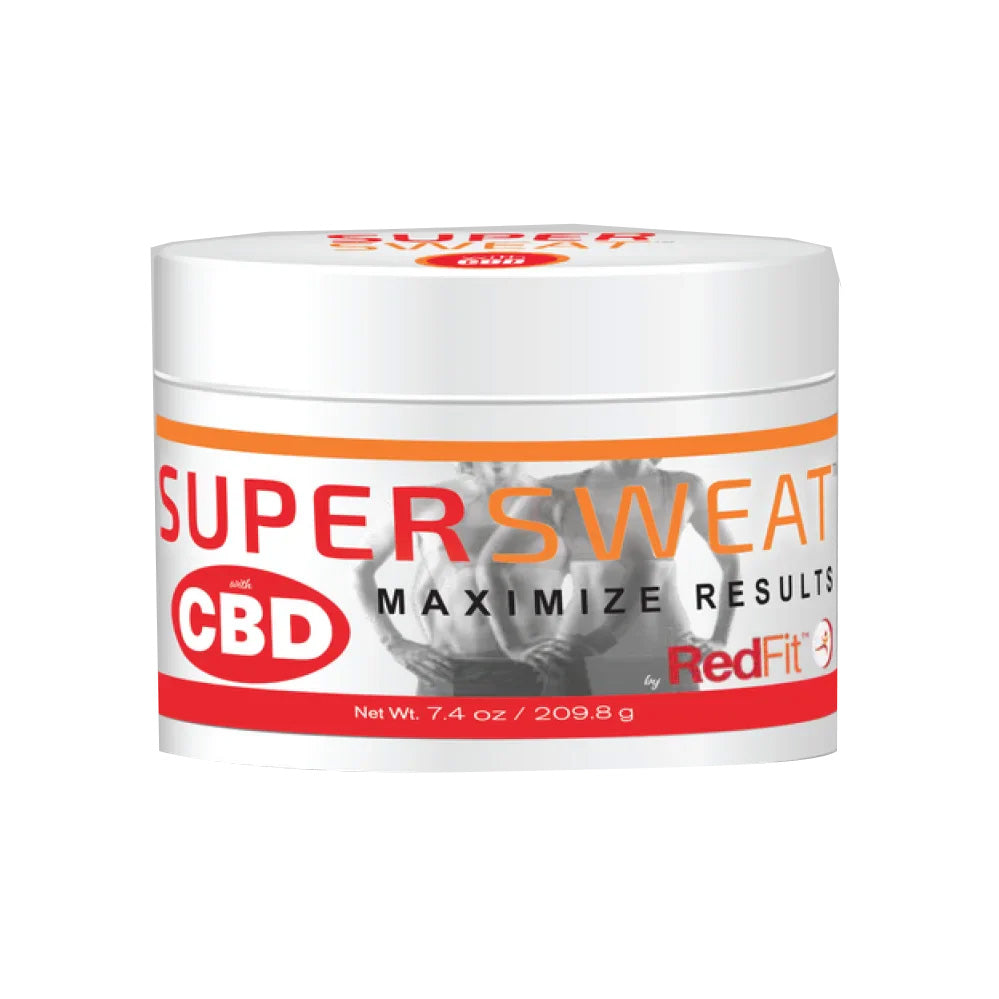 Super Sweat CBD product container with RedFit branding on a white background