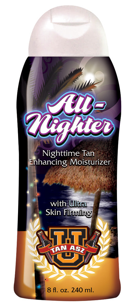 All-Nighter nighttime tan enhancing moisturizer bottle with sand and sun design on label