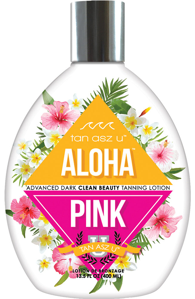 Tanning lotion bottle with floral design and 'Aloha Pink' label on a white background