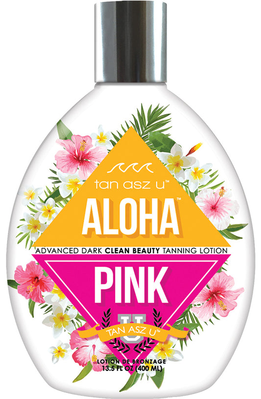 Tanning lotion bottle with floral design and 'Aloha Pink' label on a white background