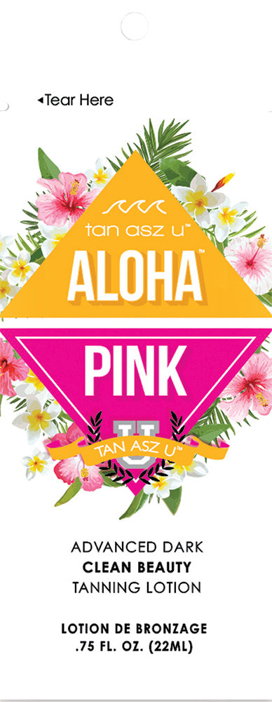 Tanning lotion packaging with floral design and 'Aloha Pink' text on a white background.