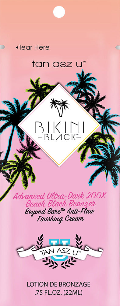 Pink packaging of Tan Asz U Bikini Black tanning lotion with palm tree designs.