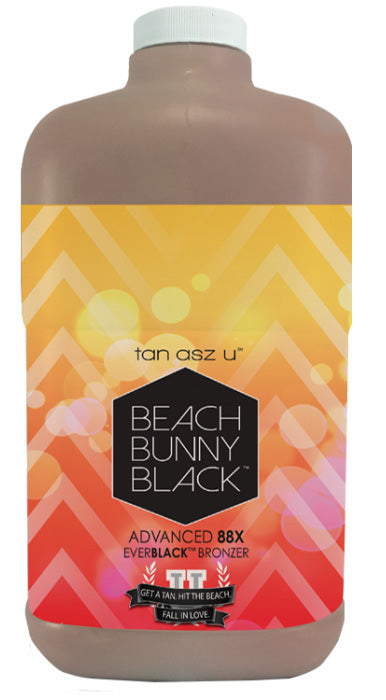 Tanning lotion bottle with colorful label featuring 'Beach Bunny Black' branding on a white background.