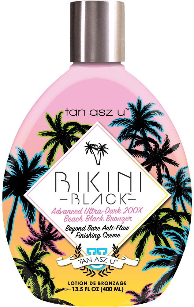 Bottle of 'Bikini Black' bronzer with palm tree design on a white background