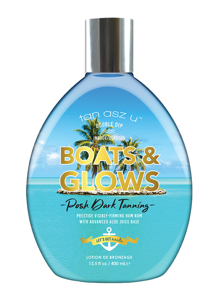 Tanning lotion bottle with 'Boats & Glows' design on a white background