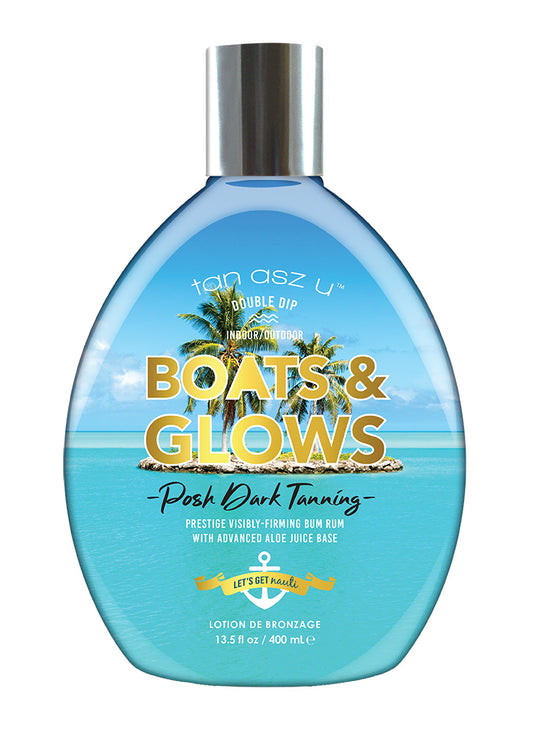 Tanning lotion bottle with 'Boats & Glows' design on a white background