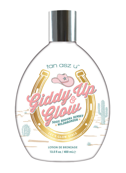 Tan Asz U Giddy Up & Glow lotion bottle on a white background