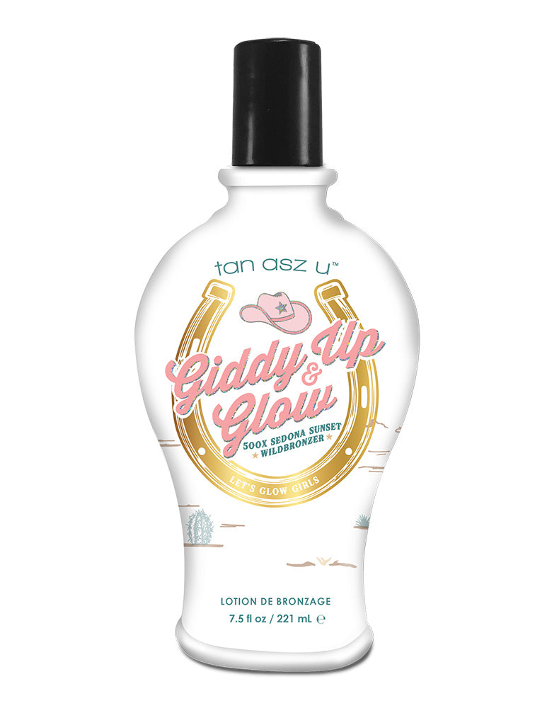 Bottle of 'Giddy Up & Glow' bronzer with branding on a white background
