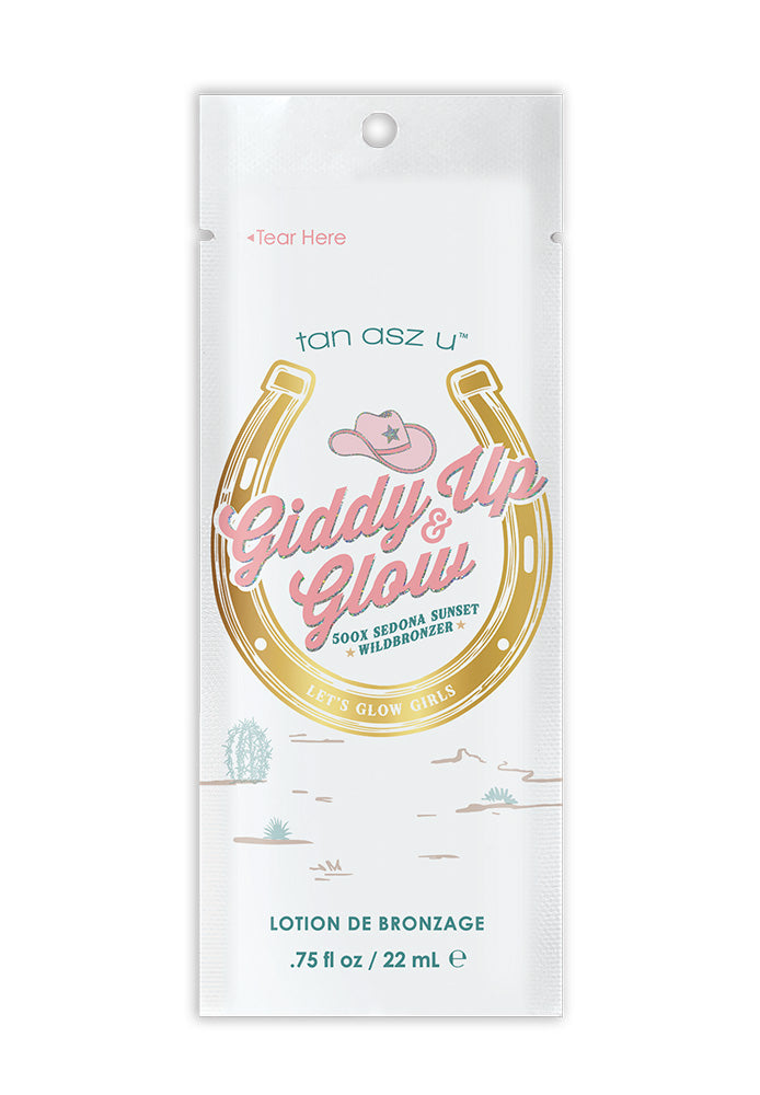 Tan Asz U Giddy Up & Glow lotion packaging on a white background