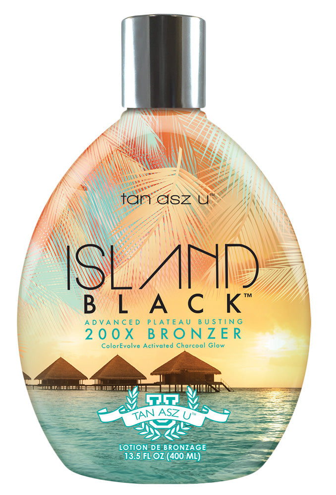 Tanning lotion bottle with island background featuring 'Island Black 200x bronzer' on a white background.