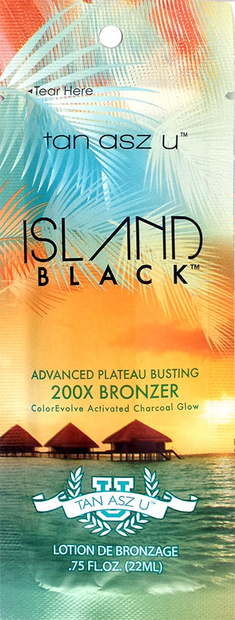 Single use packet with island background featuring 'Island Black 200x bronzer'.