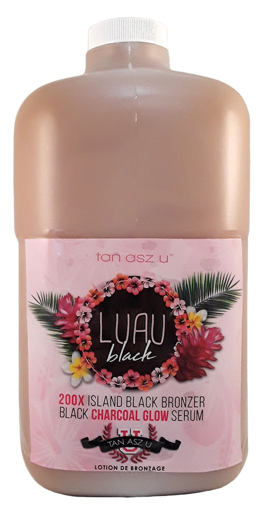 Lotion bottle with with a light pink floral background with a black floral label  'Luau black' on a white background 