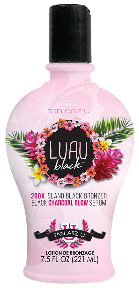 Lotion bottle with with a light pink floral background with a black floral label  'Luau black' on a white background 