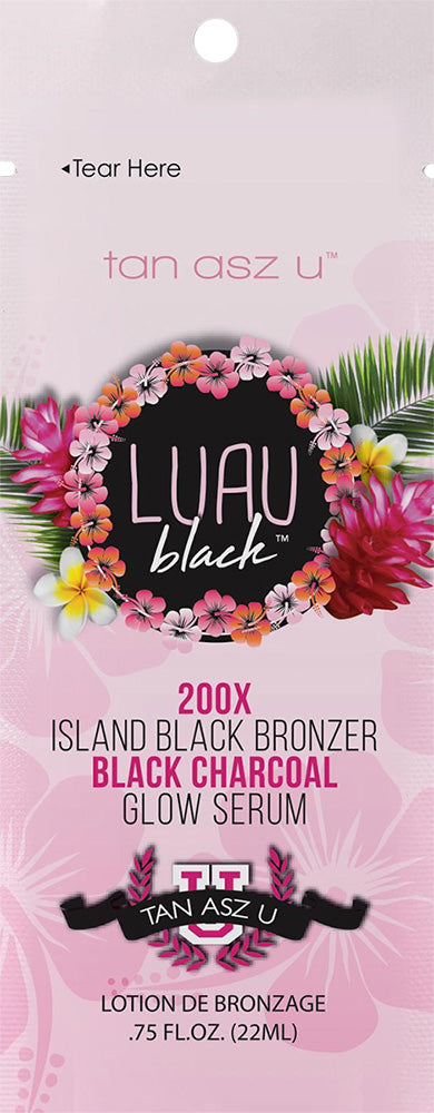 Single use packet with a light pink floral background with a black floral label  'Luau black' 