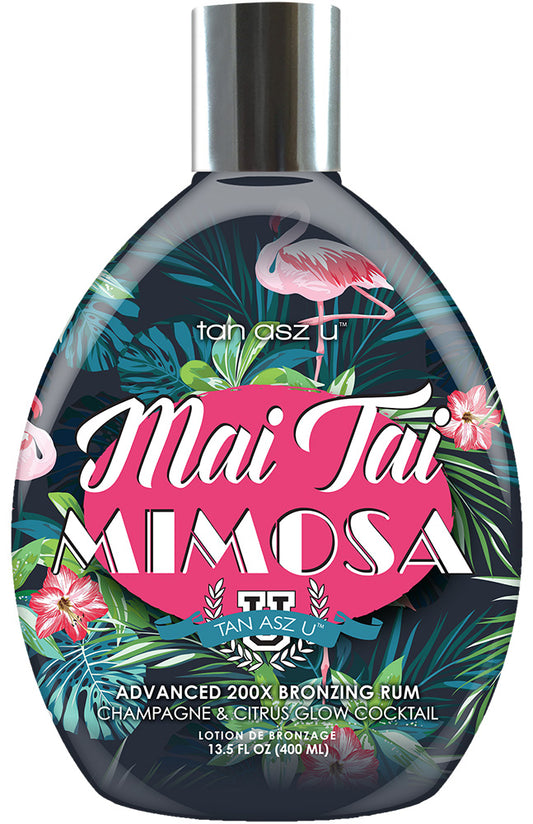 Dark blue bottle with tropical back ground featuring a hot pink label with "Mai Tai Mimosa" on a white background 