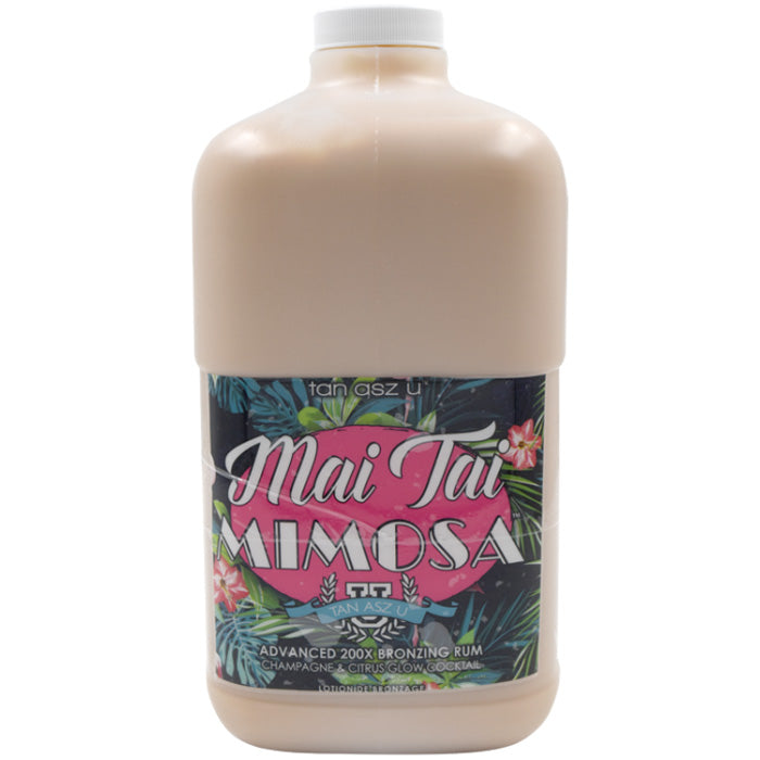 Tanning lotion bottle with a tropical back ground featuring a hot pink label with "Mai Tai Mimosa" on a white background 