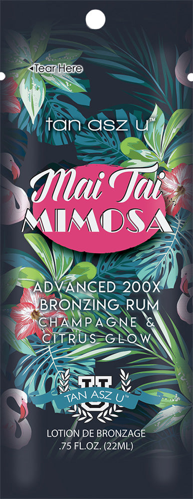 Dark blue single use packet with tropical back ground featuring a hot pink label with "Mai Tai Mimosa" on a white background 
