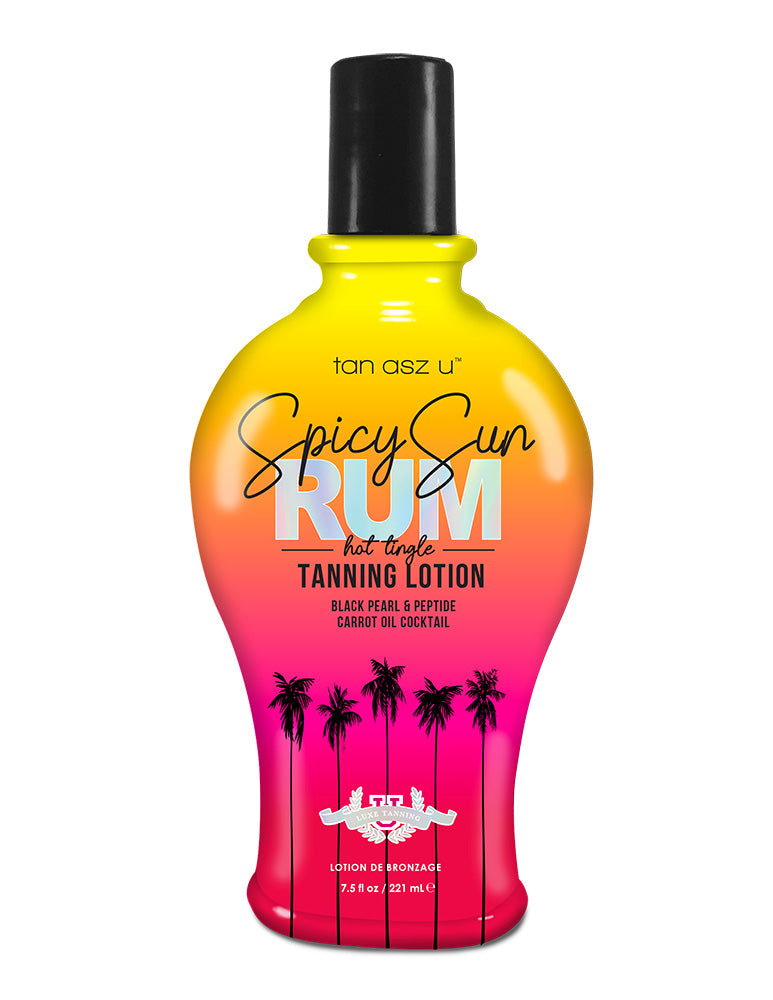 Spicy Sun Rum tanning lotion bottle with gradient design on a white background