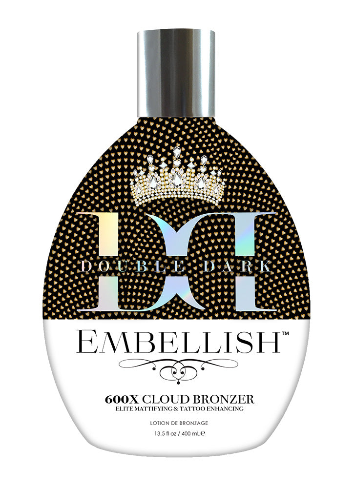 Bottle of Double Dark Embellish 600X Cloud Bronzer on a white background