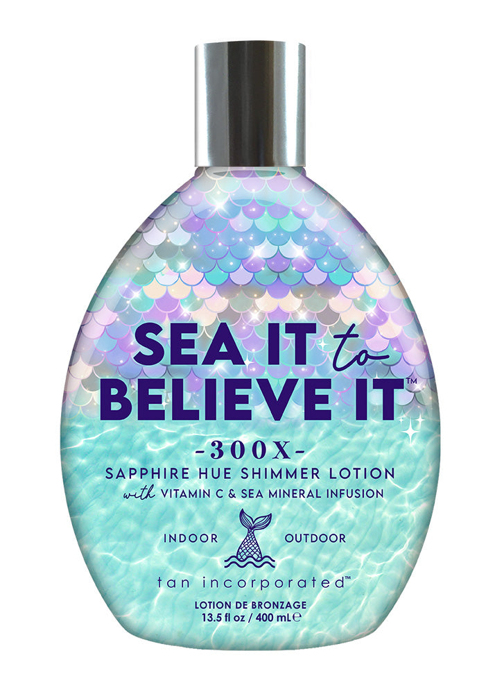 Tanning lotion bottle with mermaid scale design and text 'Sea It to Believe It' on a white background