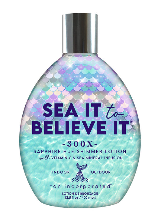 Tanning lotion bottle with mermaid scale design and text 'Sea It to Believe It' on a white background